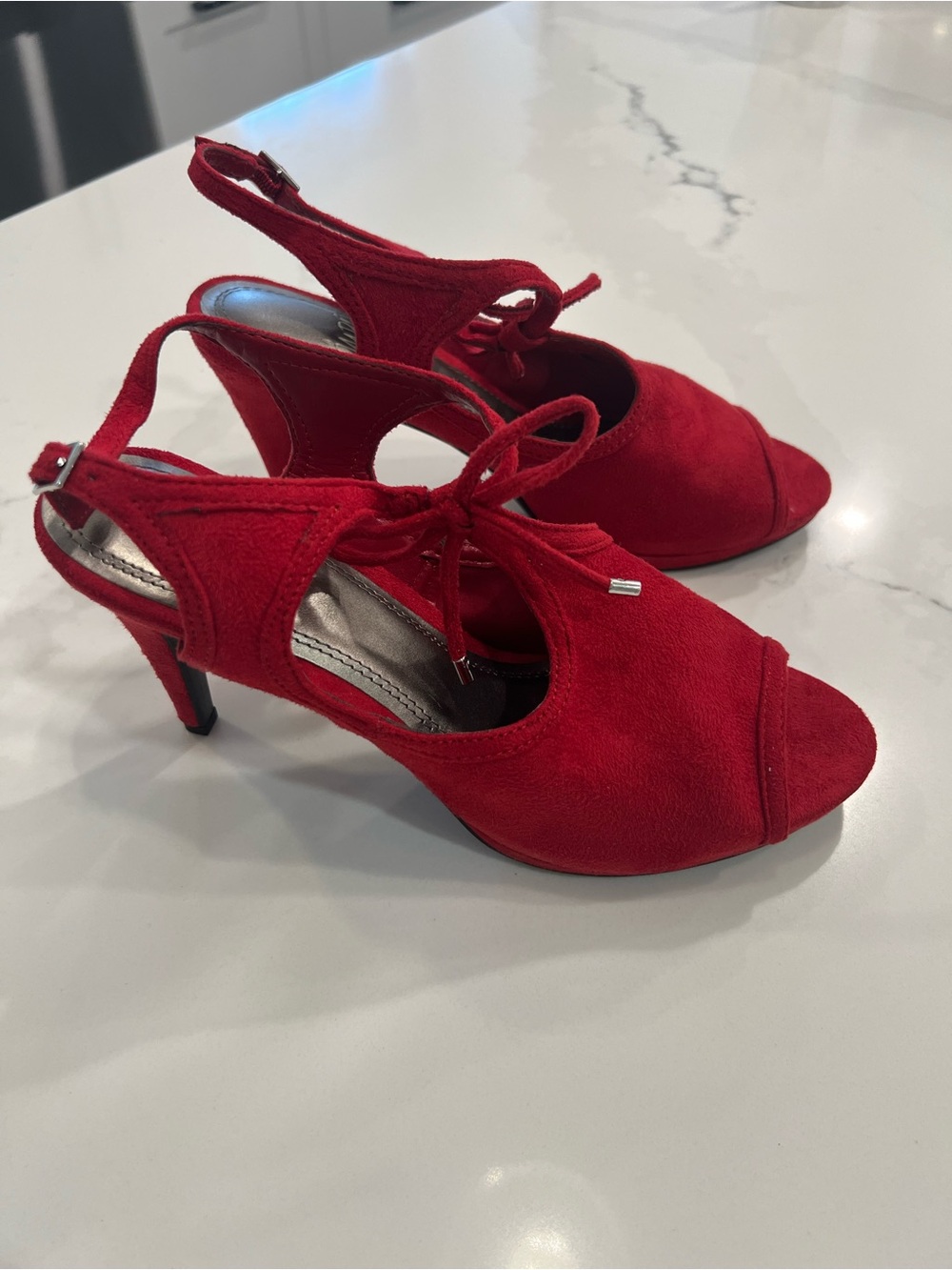 IMPO Red Suede Slingback Peep-Toe Heels with Lace Tie 8